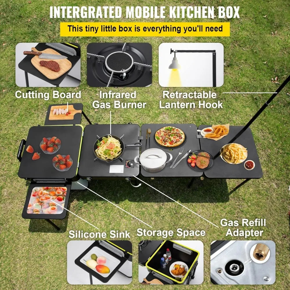 Camping table, outdoor cooking station multifunctional integrated box with wheels and windproof stove portable folding table