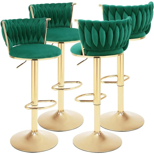 Velvet Bar Stools Set of 4 Swivel Adjustable Height Barstools with Backs Gold Metal