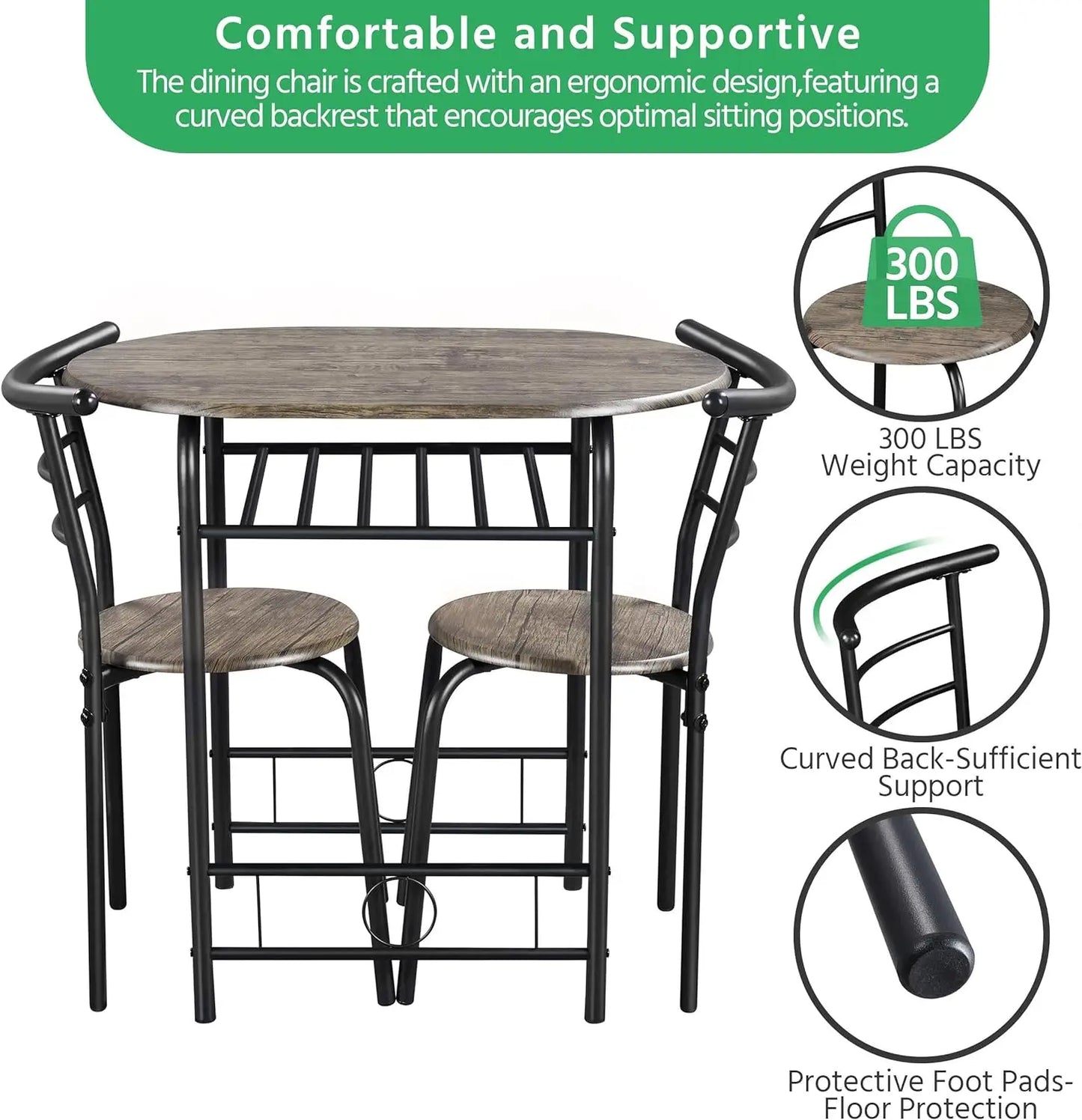 3 Piece Dining Table Set, Kitchen , Compact  Steel Legs, Built-in Wine Rack