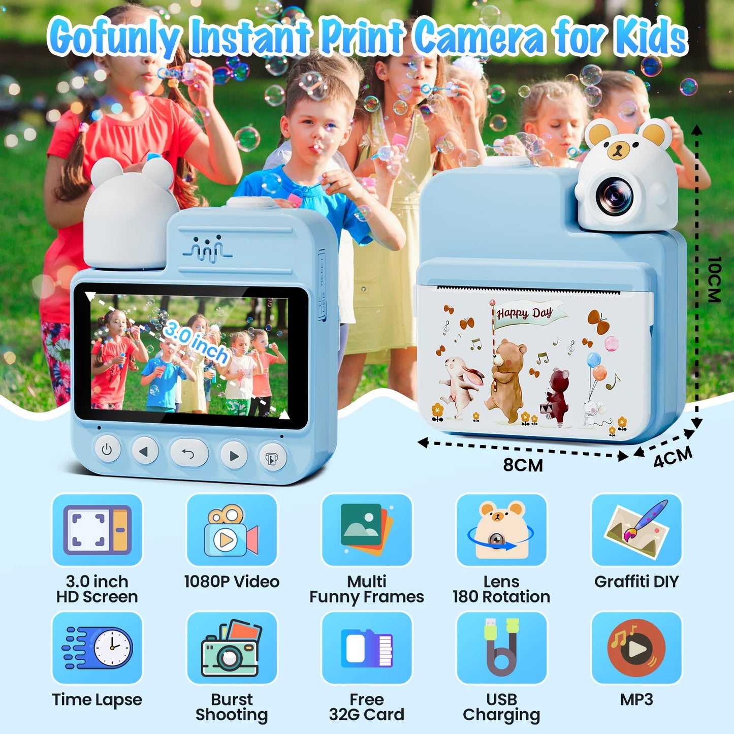 Kids Camera Instant Print, 3.0''  with 32G Card & 3 Print Paper, 1080P HD Kids 3-12 Years