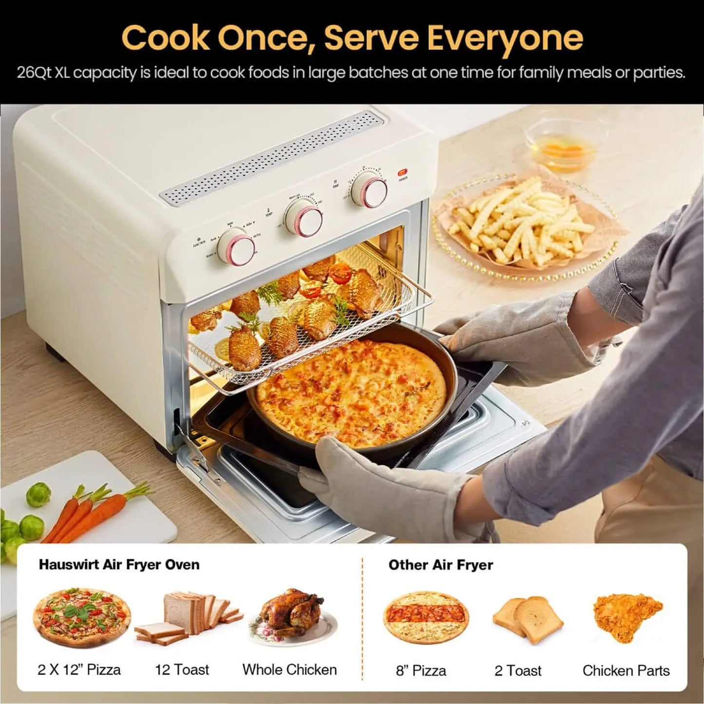 26.5Qt Countertop Conventional Oven K5M, XL Air Fryer 12-Slice Toaster Reheat Bake Rotisserie Broil