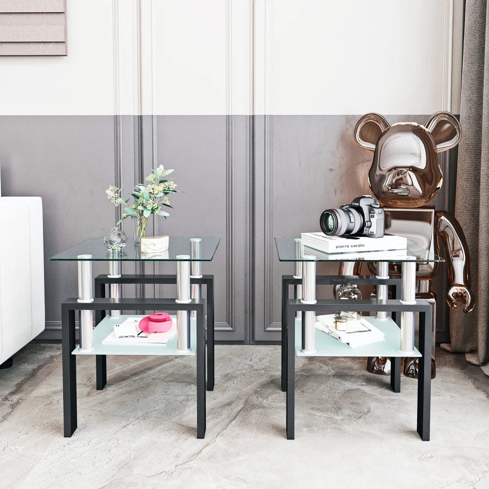 Set of 2, Modern Tempered Glass Tea Table,  End Table, Square for Living Room,