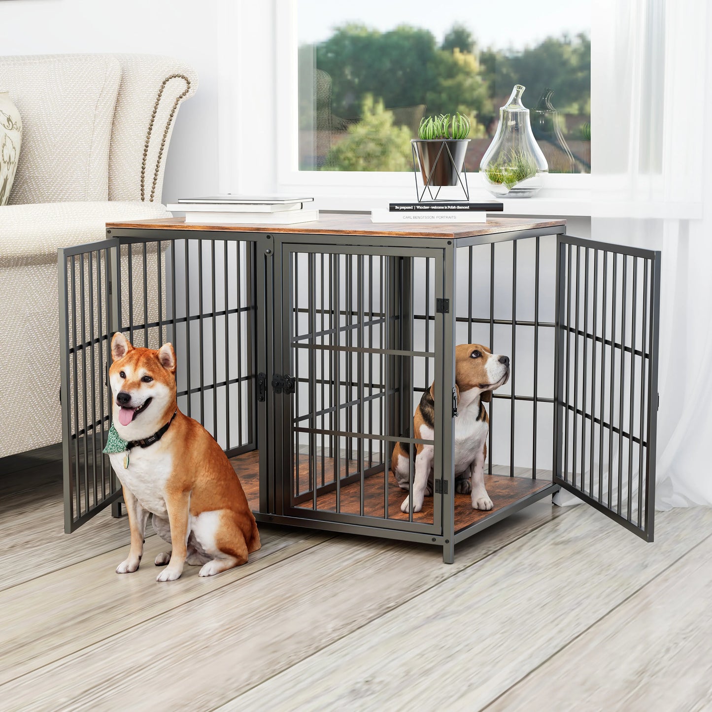 Heavy Duty Dog House End Table Furniture with Four Doors and Lock Latches Divider Wood