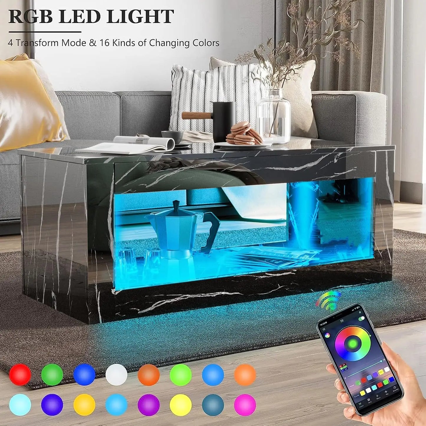 47.2inch Coffee Table with Large Open Storage, Modern  Coffee Table with 16 Colors LED Lights