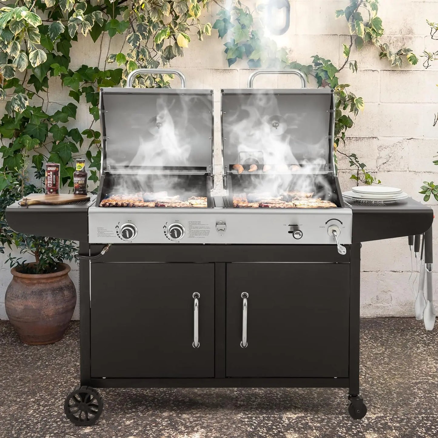 Gas and Charcoal Grill Combo, Dual Fuel BBQ Grill with 2 Side Shelves for Outdoor Patio