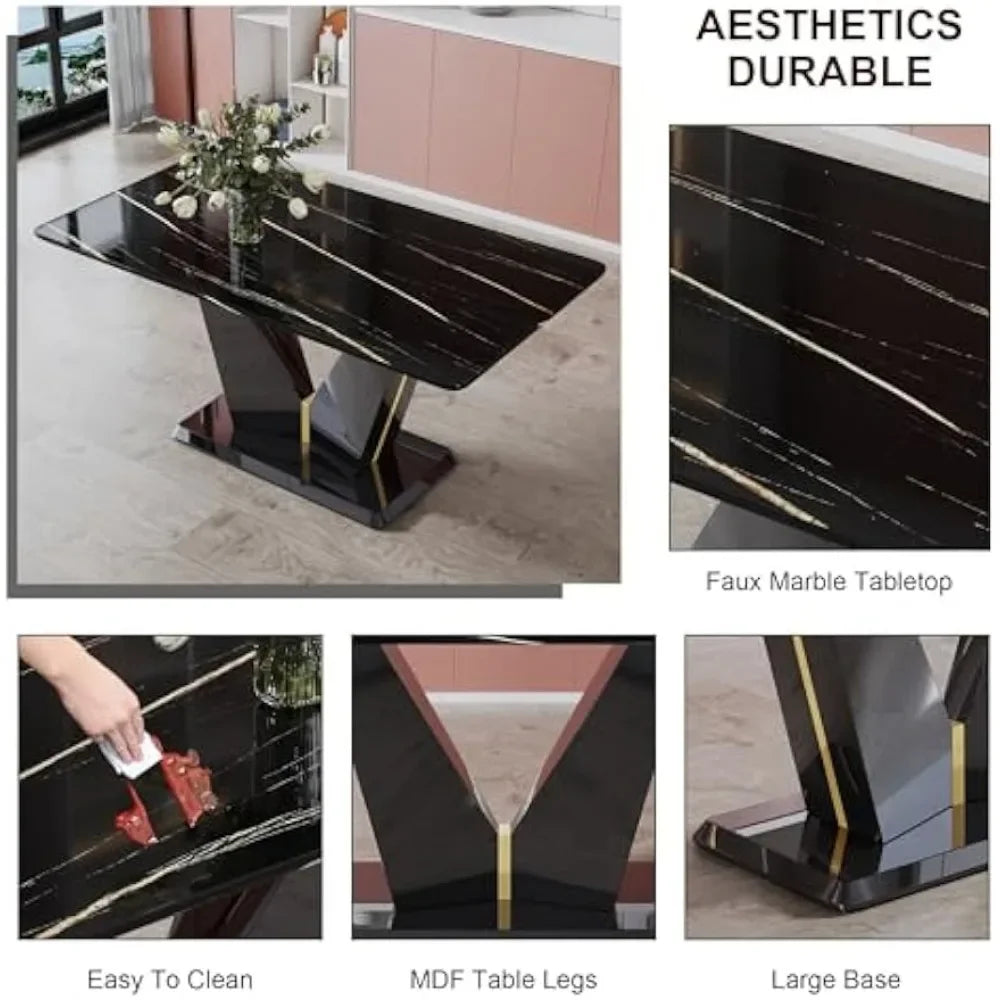 7 Pieces Modern Black Dining Table Set  Marble Table Chair Set of 6  Leather