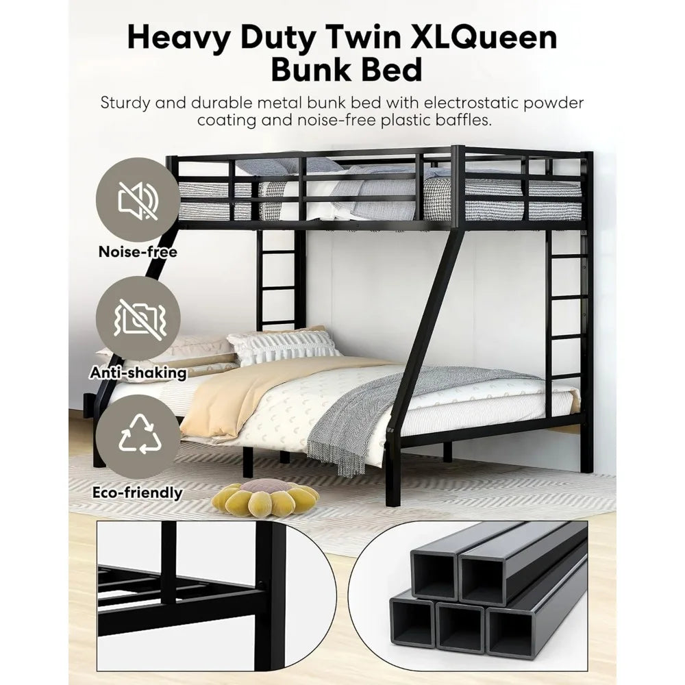 Twin XL Over Queen Bunk Bed, Heavy Duty  Bunk  Safety Side Ladder and Full Length High Guardrail