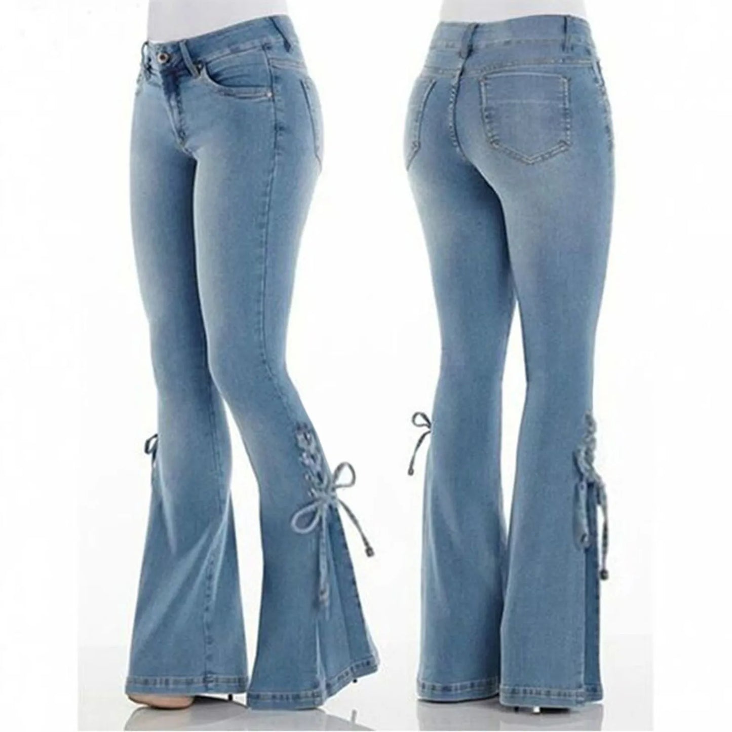 Denim Flared Pants Y2K High Street Lace-Up Jeans Streetwear Women Solid Color