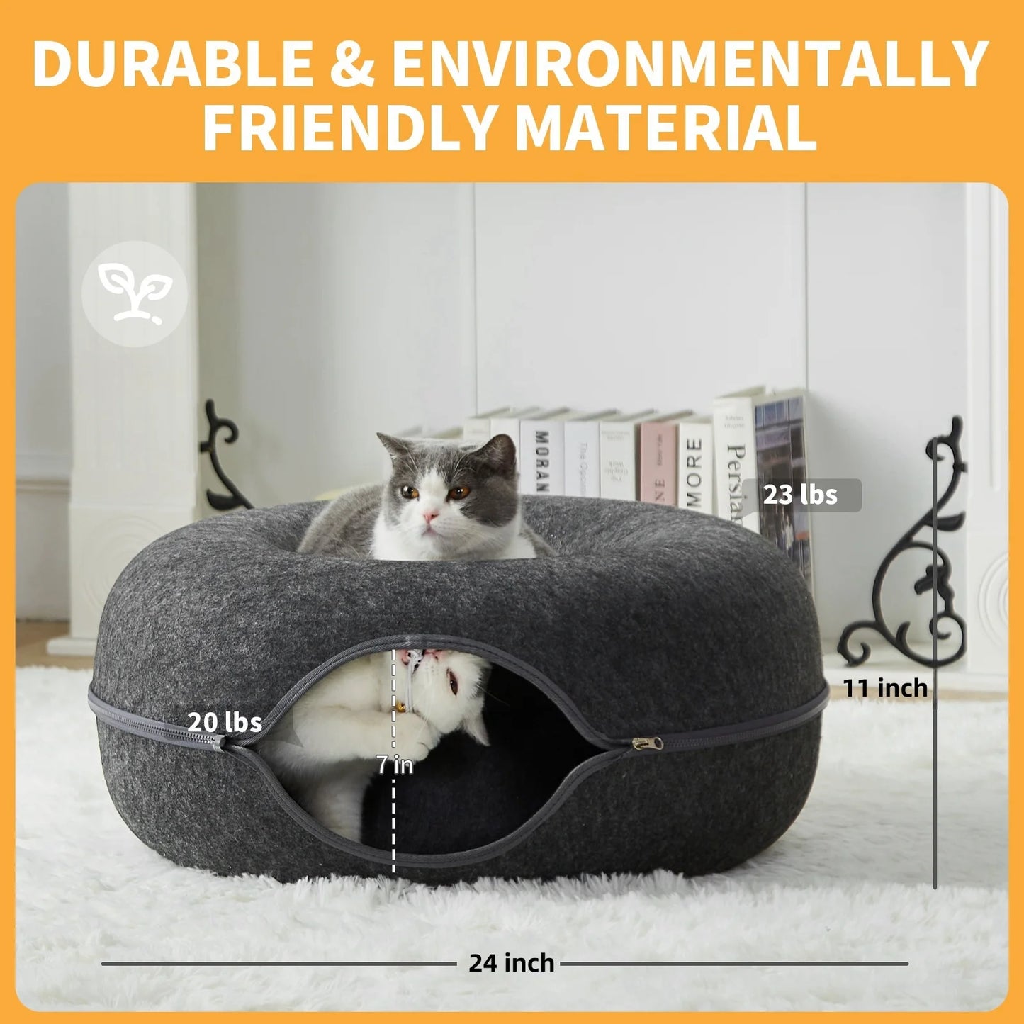 24 Inch Large Donut Cat Bed - Spacious  Cats Up to 30 Lbs, Detachable and Washable Cover