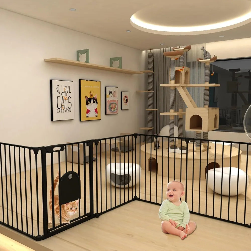 Extra Wide Baby Gate with Cat Door, Foldable Dog Gate for House Stairs