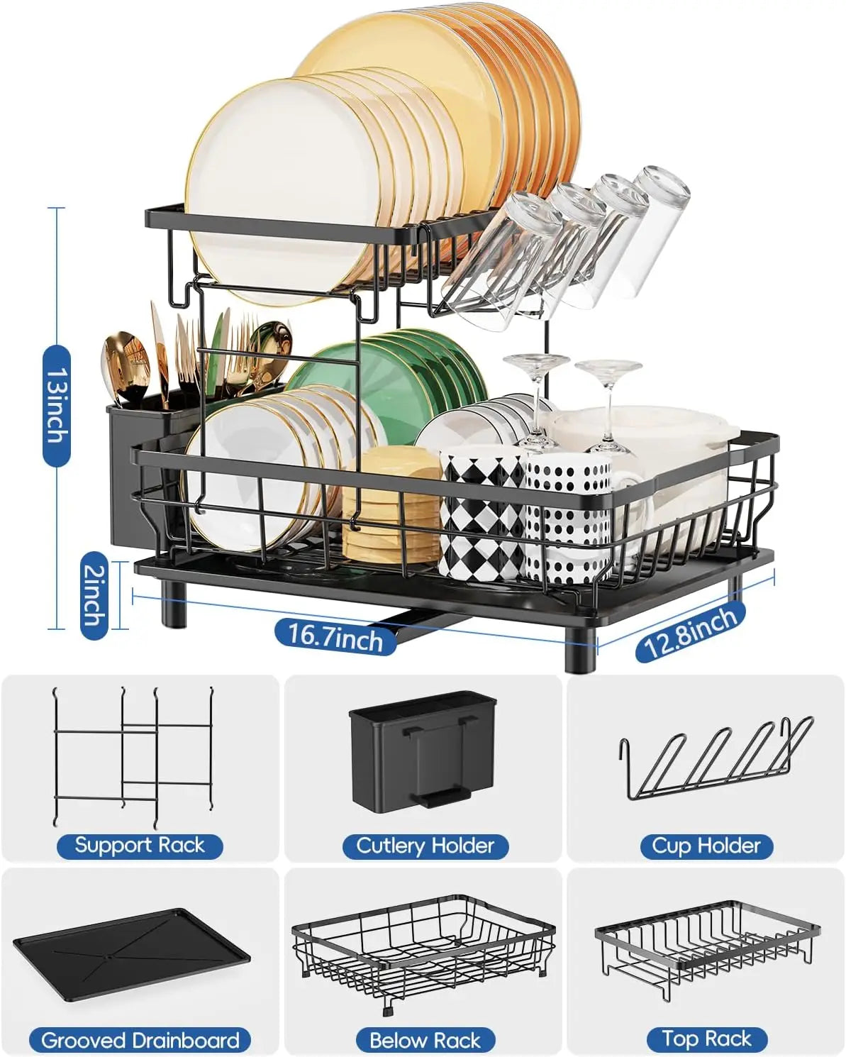 2 Tier Dish Drying Rack Multifunctional Dish Rack for Kitchen Counter Stainless Steel