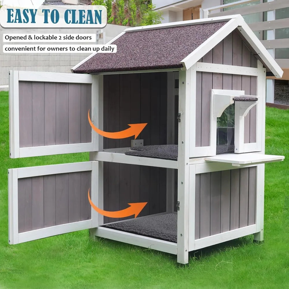 Outdoor Cat House, Large for Feral Cats Wooden Outside Cat Shelter Weatherproof