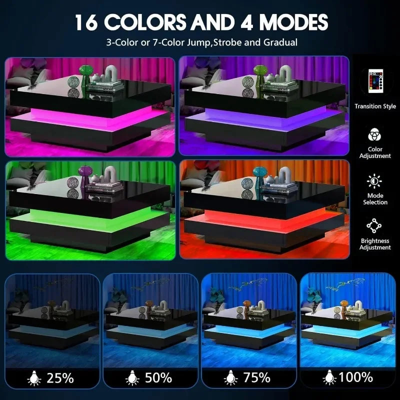 LED Coffee Table for Living Room, Exquisite 2-Tier Centerpiece, Enhancing  with 16-Color Plug-in