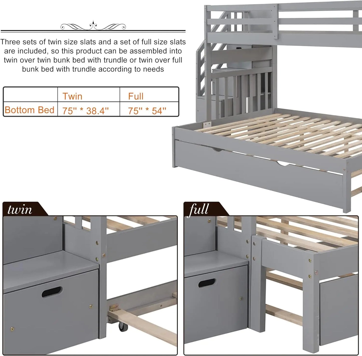 Twin Over Twin/Full Bunk Bed with Stairs Storage and , Solid Wood Stairway Triple Bunkbed, Detachable into 2 Platform