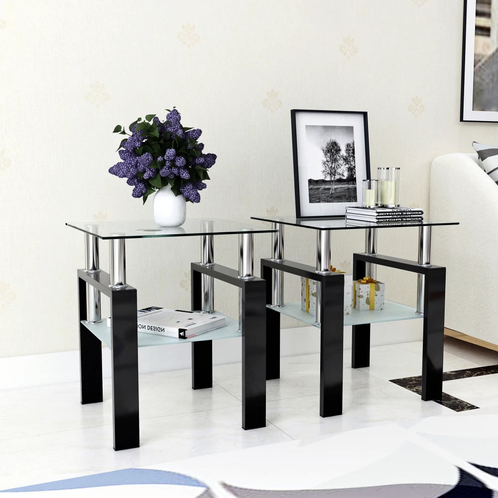 Set of 2, Modern Tempered Glass Tea Table,  End Table, Square for Living Room,