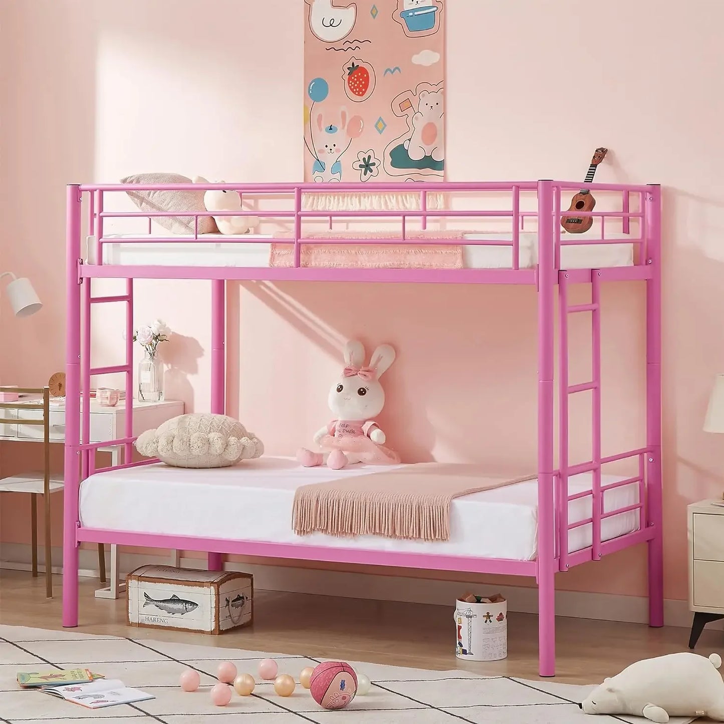 Metal Bunk Bed Twin Over Twin, Industrial with Ladder and Full-Length Guardrail, Noise Free, No Boxing Spring