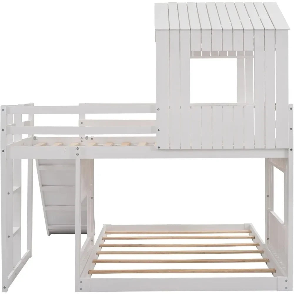 House Bunk Beds with Slide,Wood with Roof and Guard Rail for Kids,Toddlers,No Box Spring