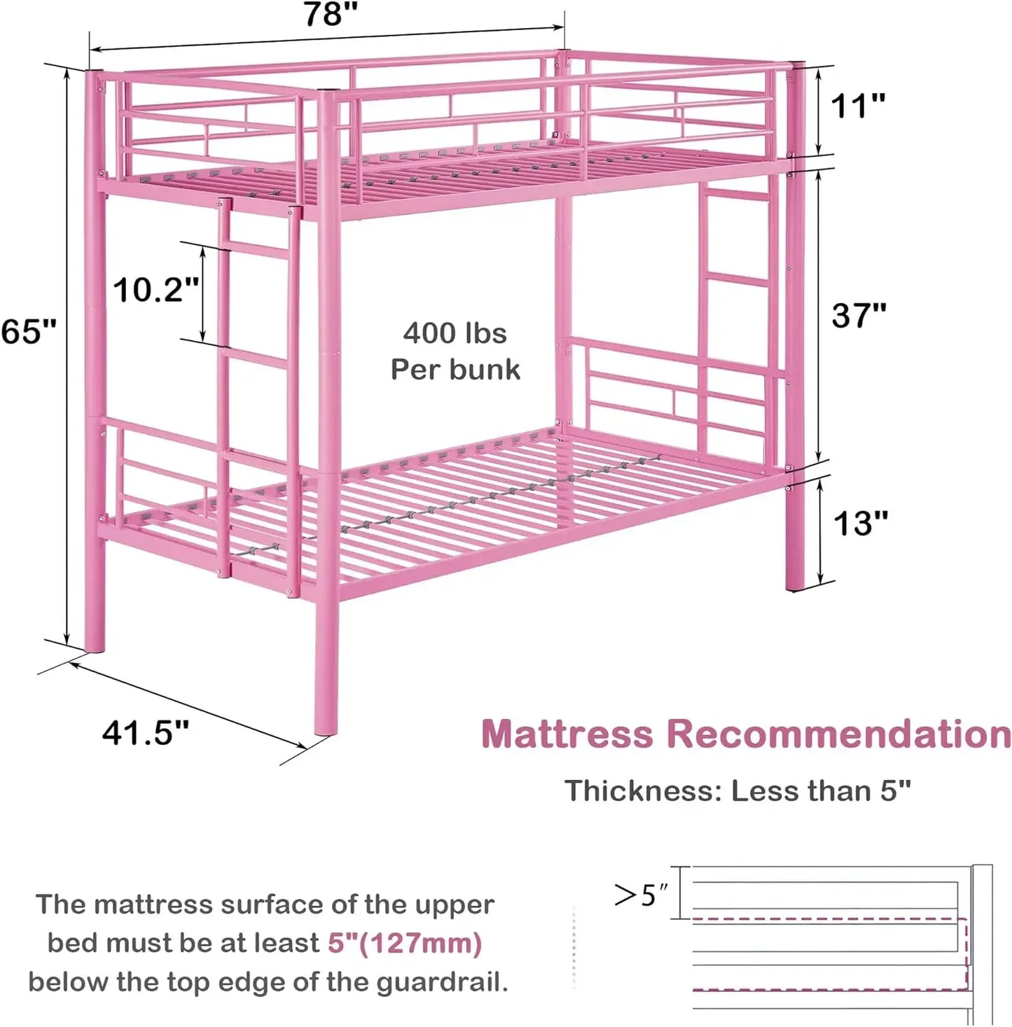 Metal Bunk Bed Twin Over Twin, Industrial with Ladder and Full-Length Guardrail, Noise Free, No Boxing Spring