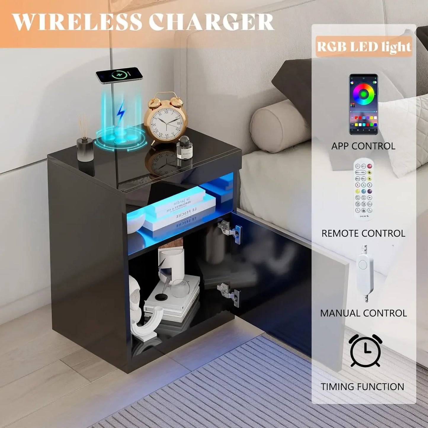 3-Piece  Table Set, Coffee Table with 20-Color LED Lights, 2 End Tables with Wireless Charging Station