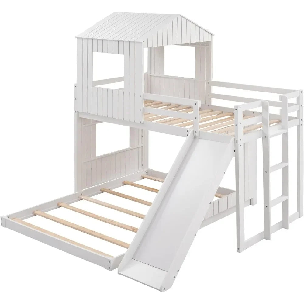 House Bunk Beds with Slide,Wood with Roof and Guard Rail for Kids,Toddlers,No Box Spring