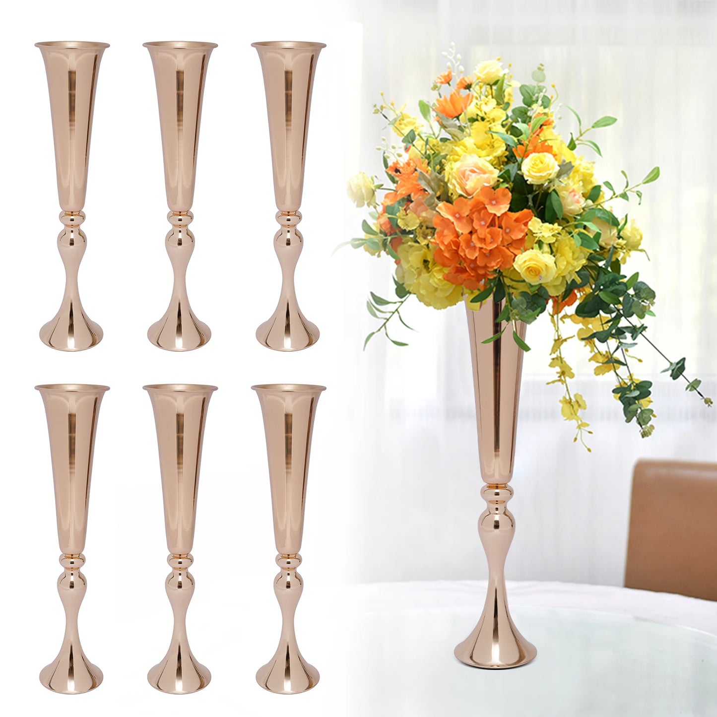 6Pcs Metal Vases Desktop Metal Large and Tall Vases Flower Holder Gold Metal