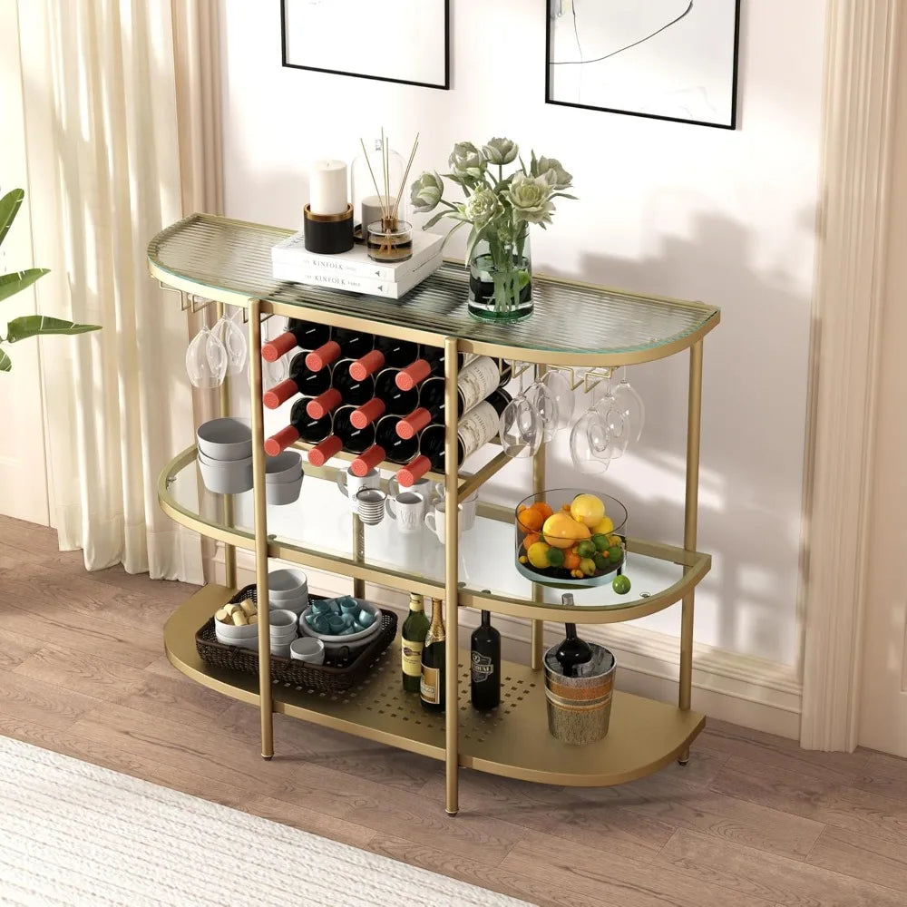 Wine Rack Table with Glass Holders, 3-Tier Liquor Bar Table,  Coffee Bar Table for Living Room Kitchen