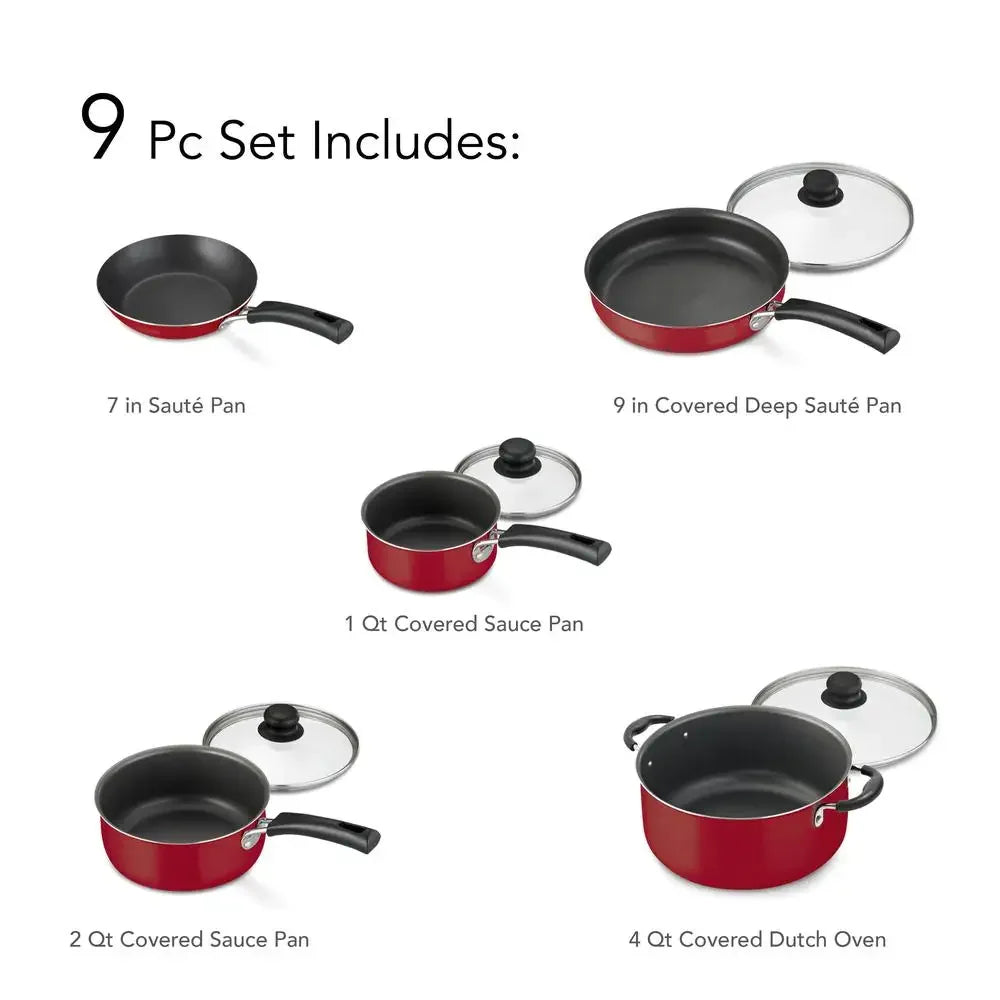 9-Piece Non-Stick Cookware Set Red Saute Pois and Lids