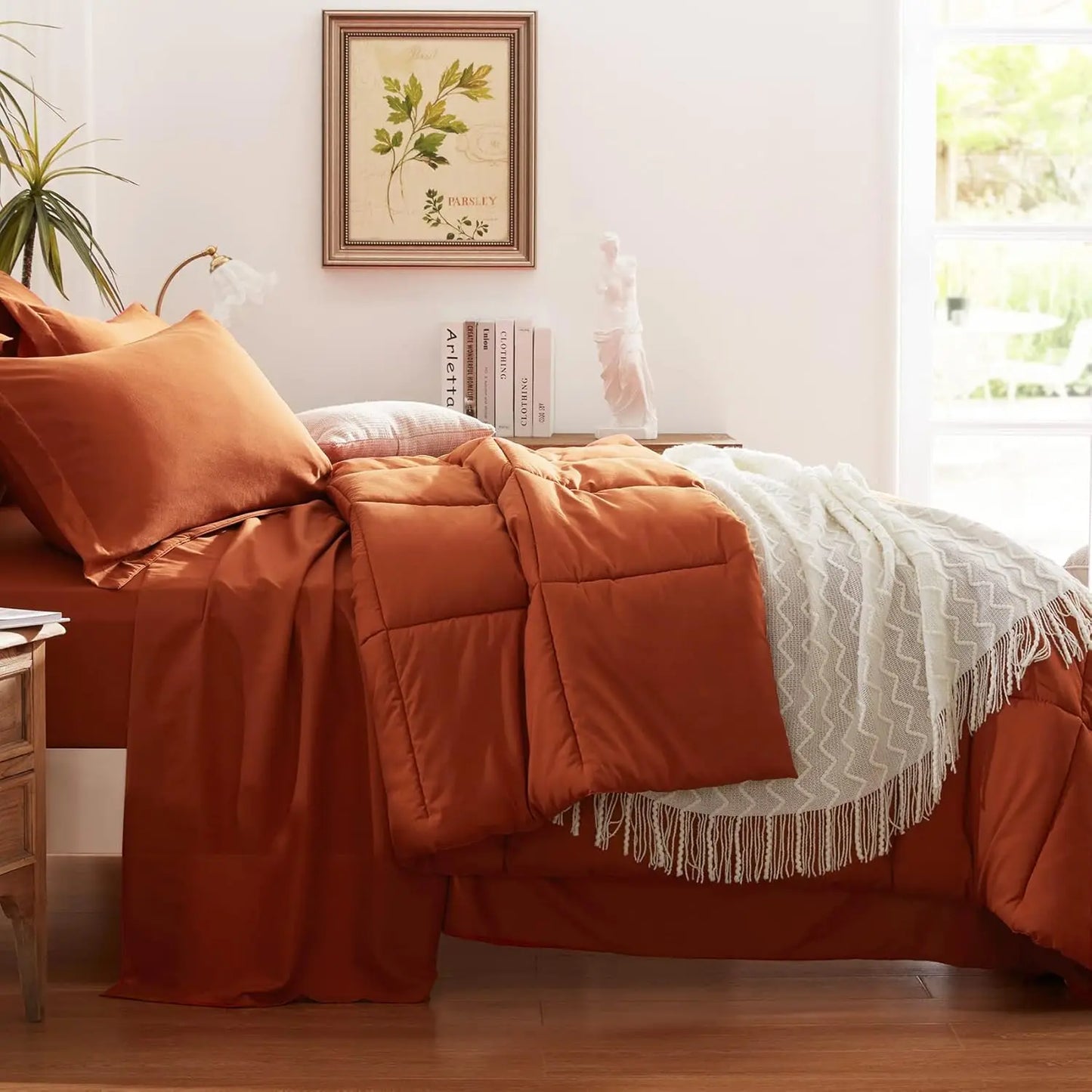 Queen Comforter Set 7 Piece, Burnt Orange Bed in a Bag with Sheets, All Season Sets