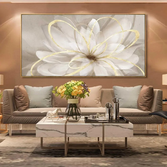 Large Canvas Wall Art Living Room Decors Gold Walls Decor Artwork White Floral 30x60