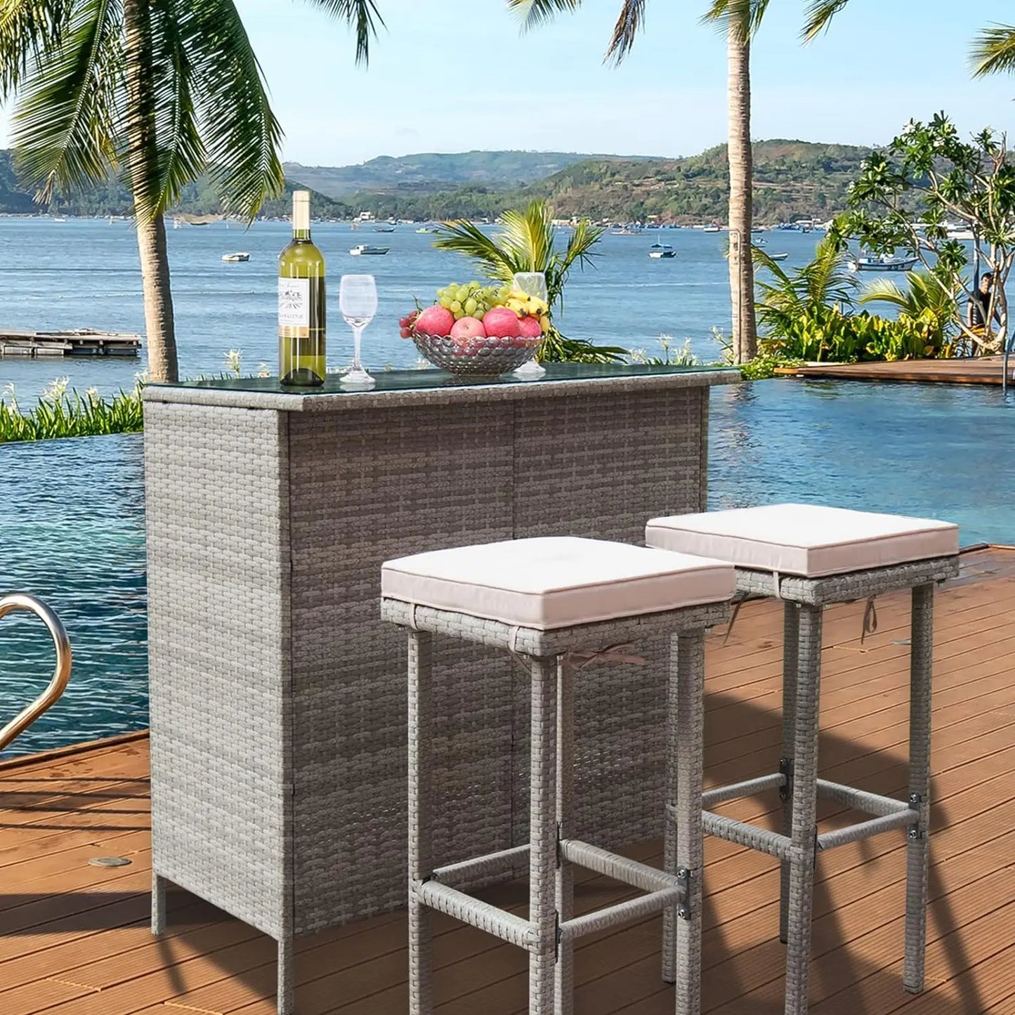 3PCS Patio Bar Set with Stools and Glass Top Table,  Wicker Outdoor Furniture with Beige cushion