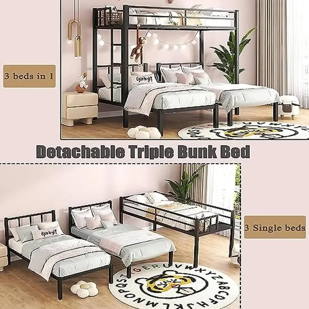 Metal Triple Bunk Beds Kids Teens Space Saver Three Beds